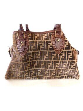 Fendi Etnico Handbag Khaki Brown Pile Leather Zucca Pattern